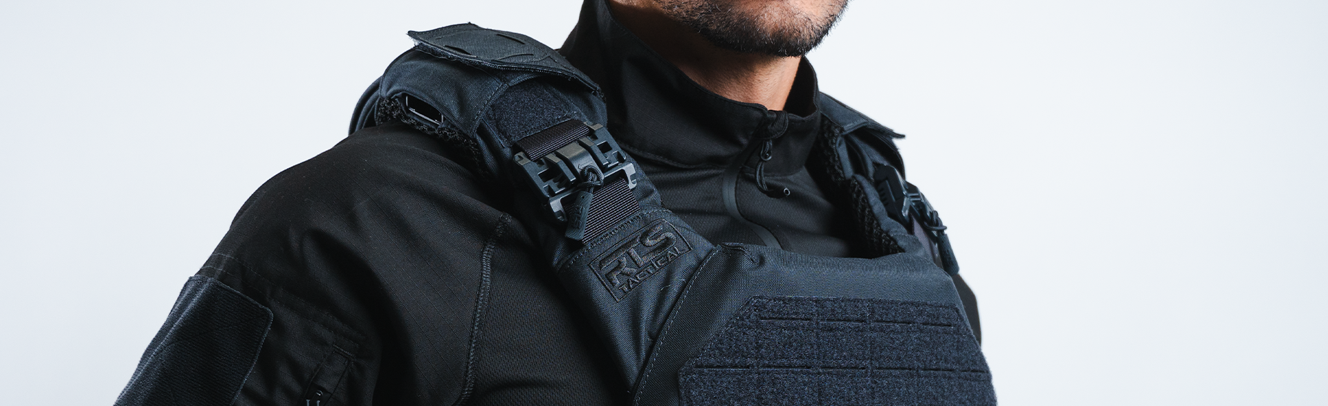 A man wearing an RTS Tactical Plate Carrier and Level 3 Body Armor.