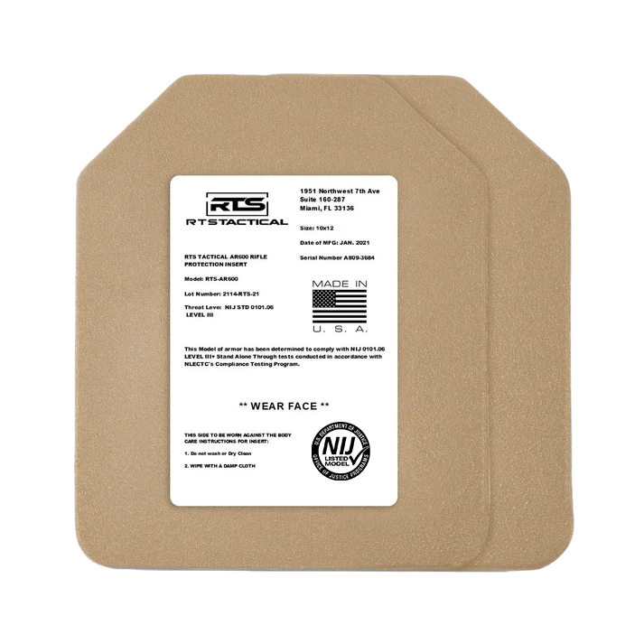 The RTS Tactical AR600 Special Threat Level III hard armor inserts.