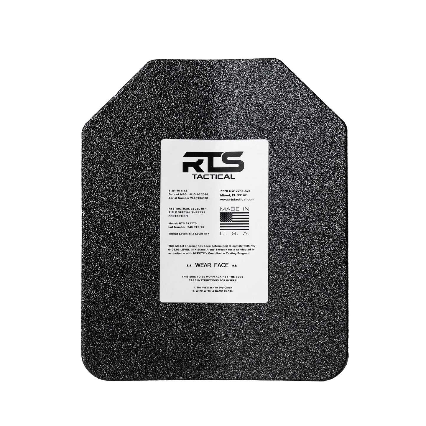 The shooter cut Level III+ Rifle Special Threats hard armor plate.