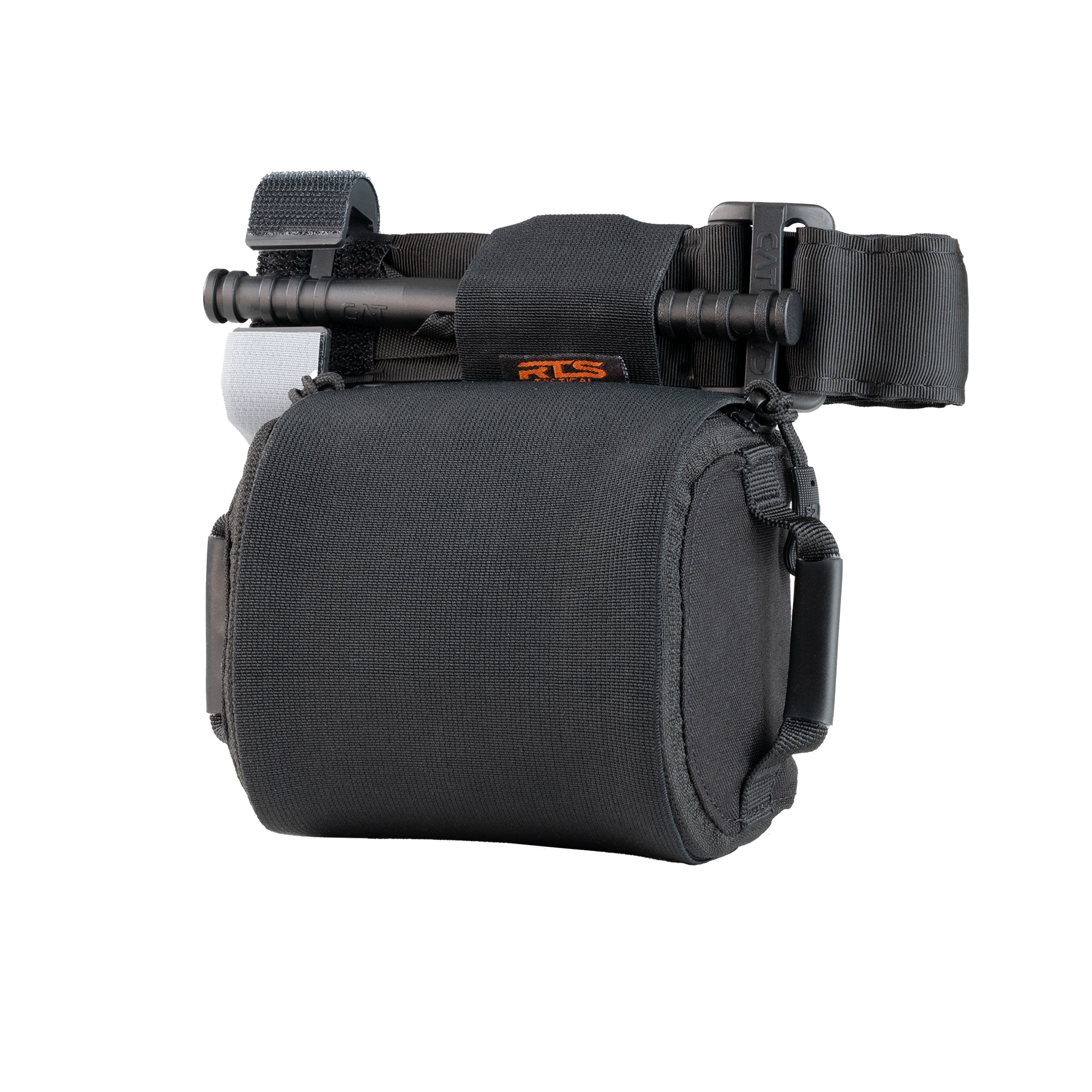 A compact, black tactical pouch with an orange RTS logo, featuring a side handle and CAT touniquet.