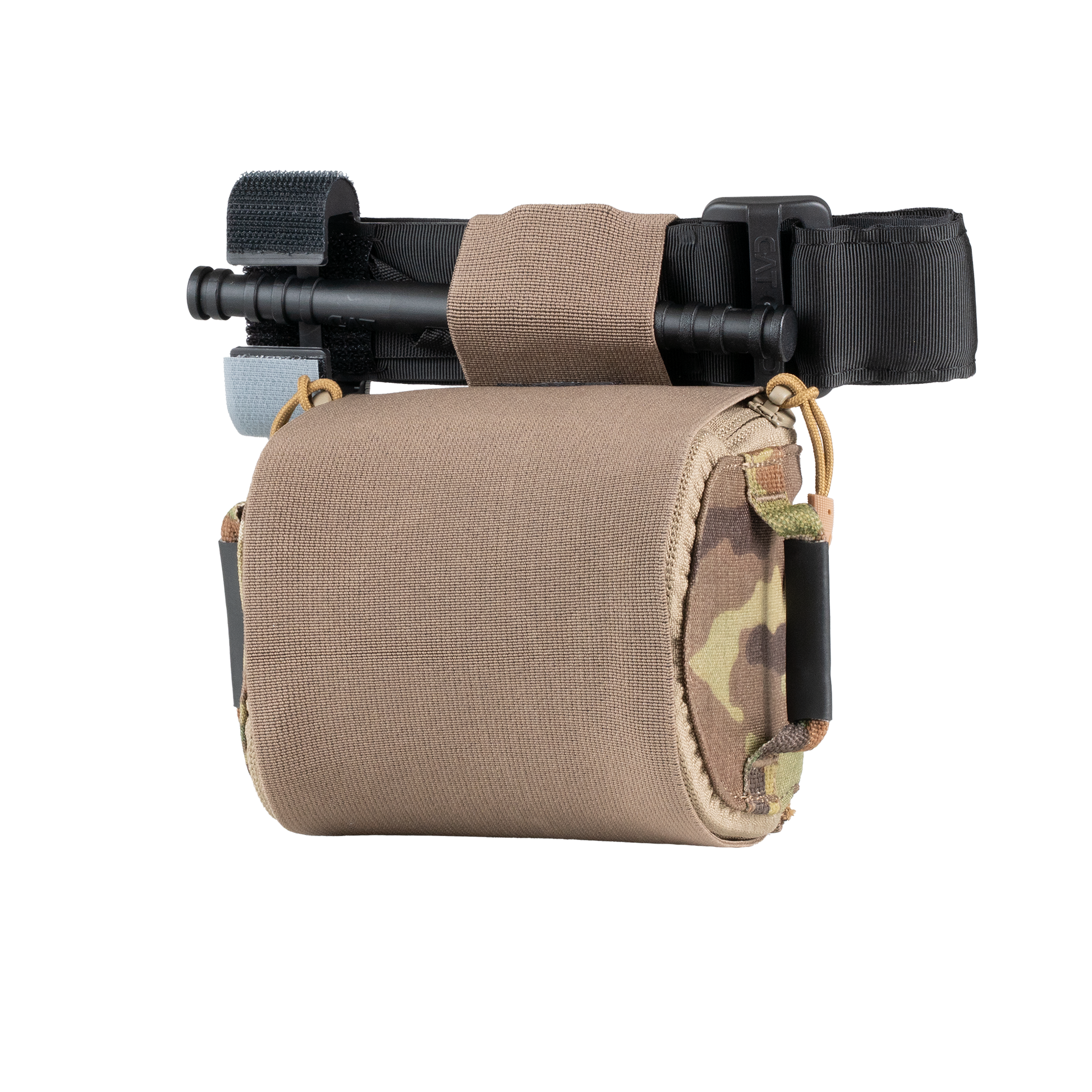 Compact medical pouch with a tan fabric cover, holding a black tourniquet. The pouch features camouflage accents, creating a tactical and practical appearance.