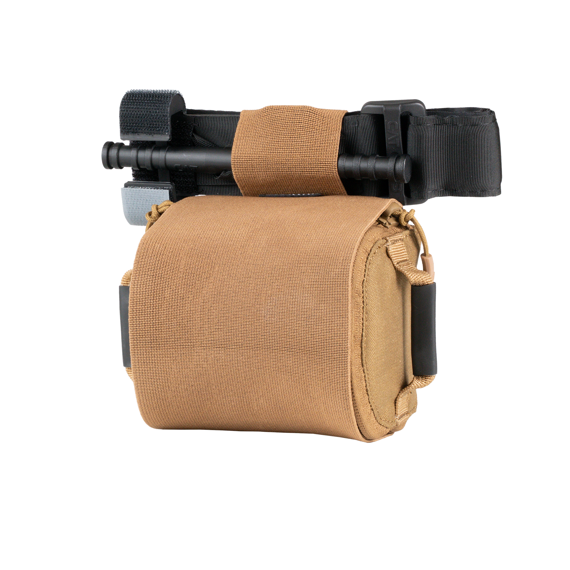Tan tactical pouch with a black tourniquet secured on top. The pouch is compact, sturdy, and designed for emergency medical use.