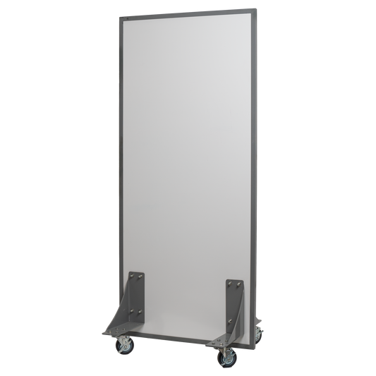 A tall, rectangular bulletproof whiteboard on wheels with a sturdy metal frame and brackets.