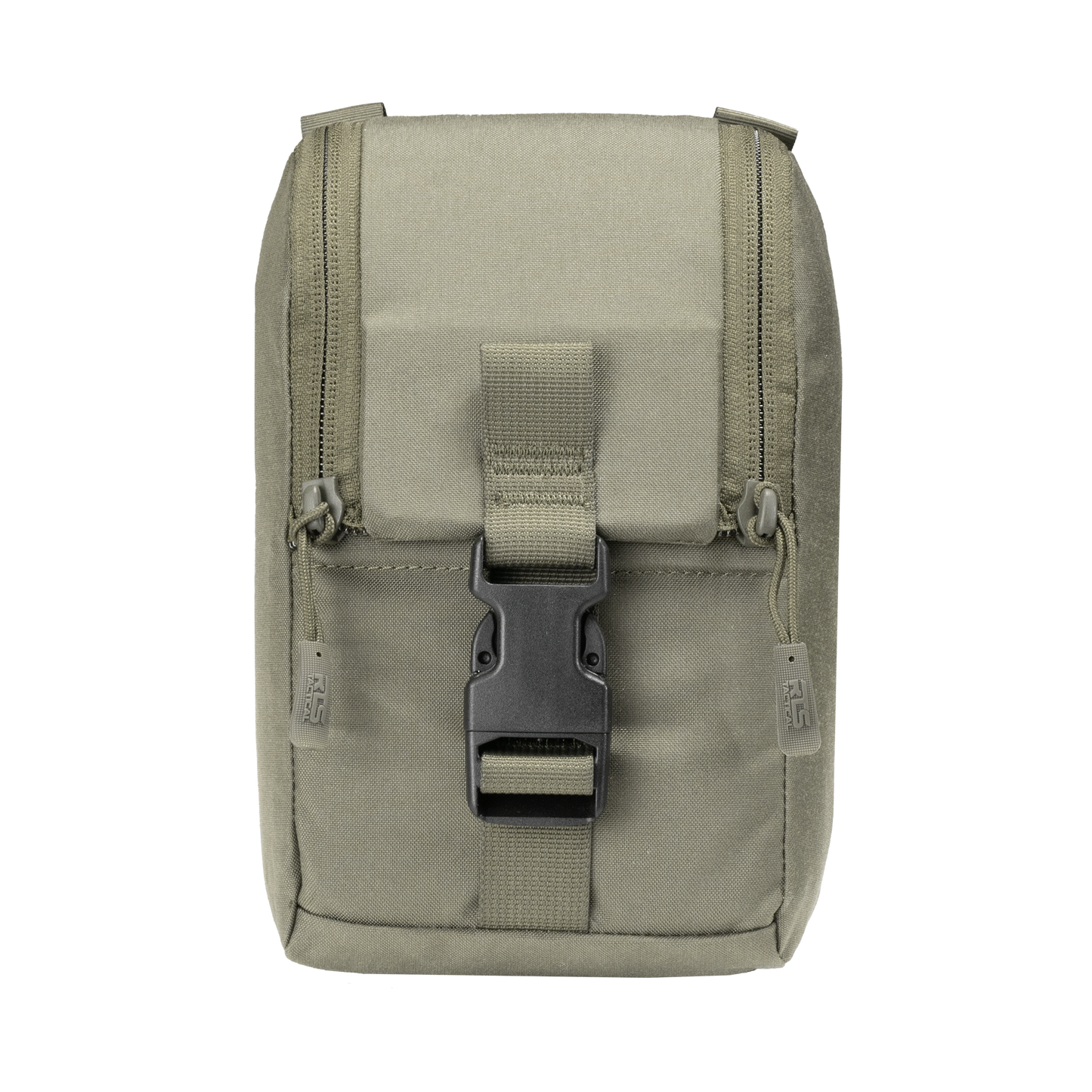 A khaki tactical pouch with a sturdy black buckle and two side zippers. Its rugged design conveys durability and functionality.