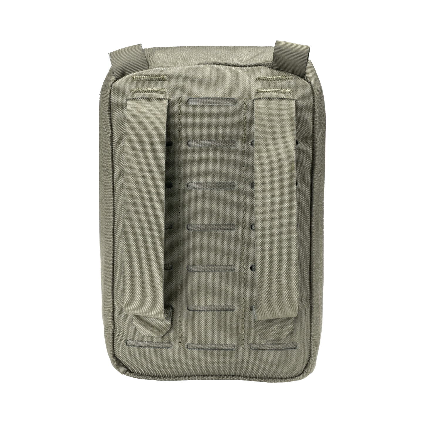 A khaki tactical backpack with two vertical straps and horizontal stitching, designed for durability.