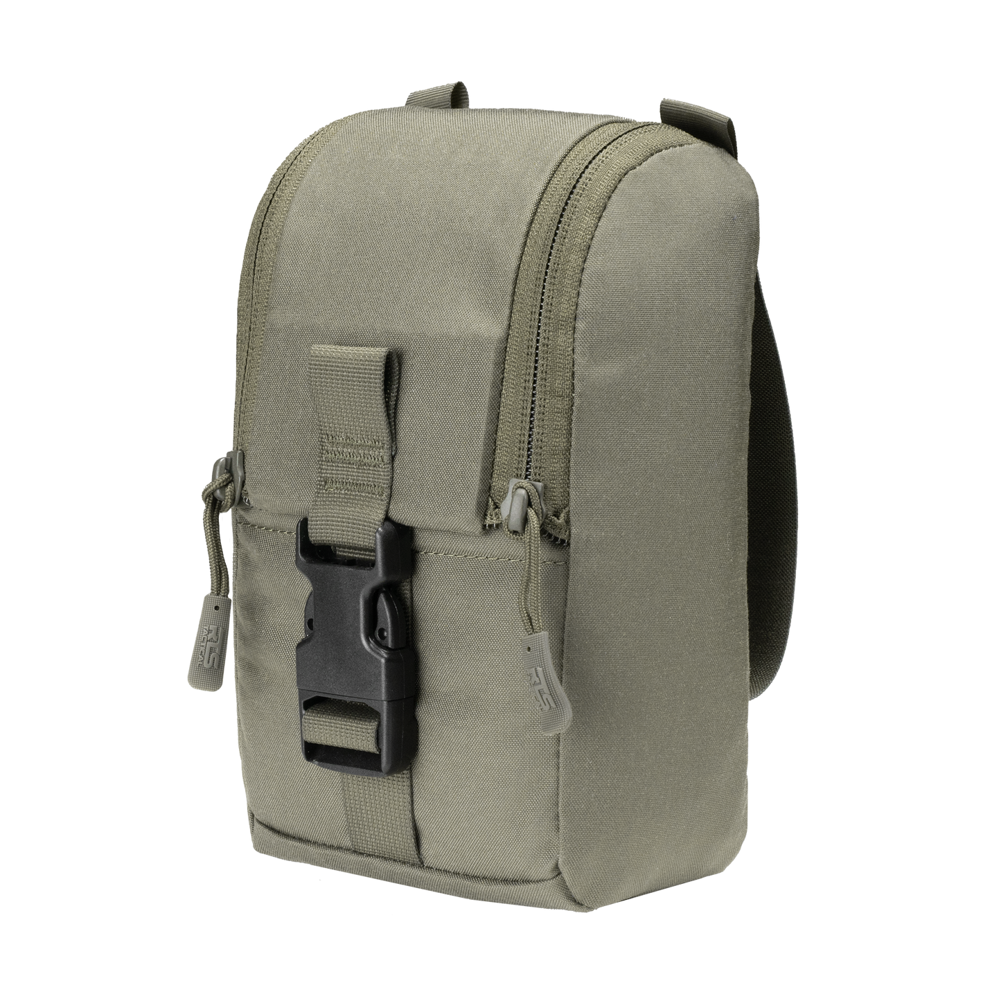 A compact, olive green canvas pouch with dual zippers and a black buckle strap. It appears durable, functional, and designed for outdoor use.