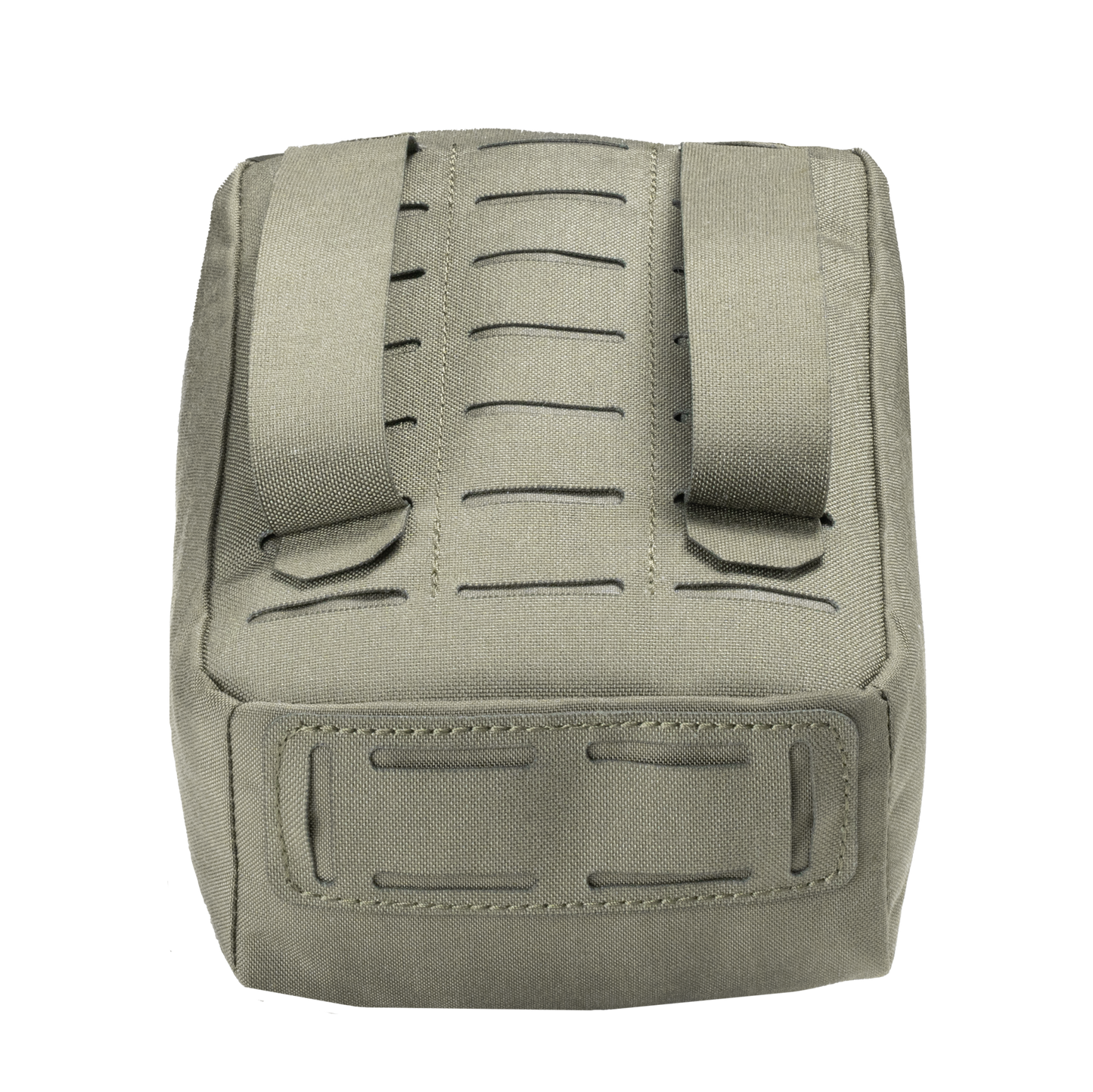 A olive-green tactical bag with vertical slits and sturdy fabric straps. The bag design appears rugged and functional, conveying durability.