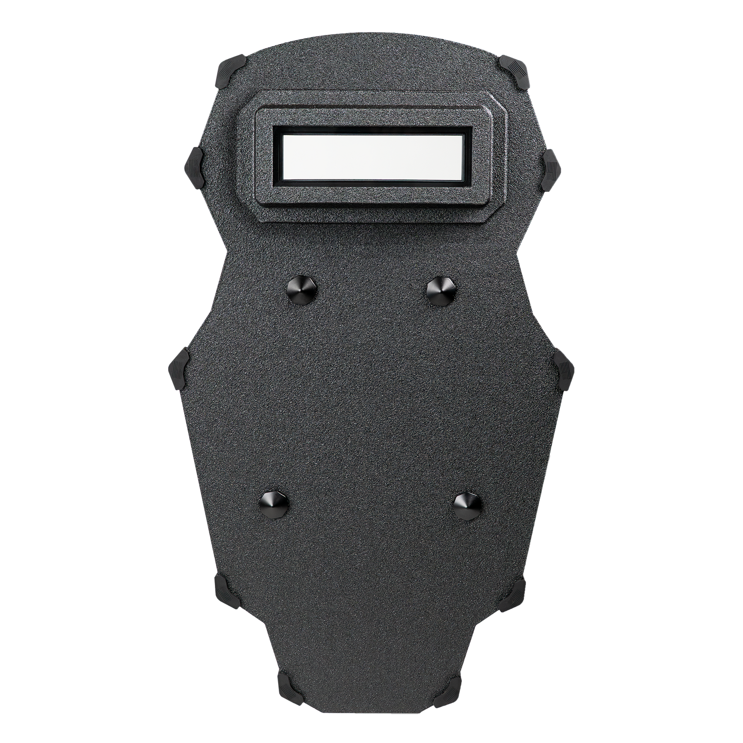 Black tactical shield against a white background, featuring a rectangular viewport, textured surface, and reinforced studs, conveying durability and protection.