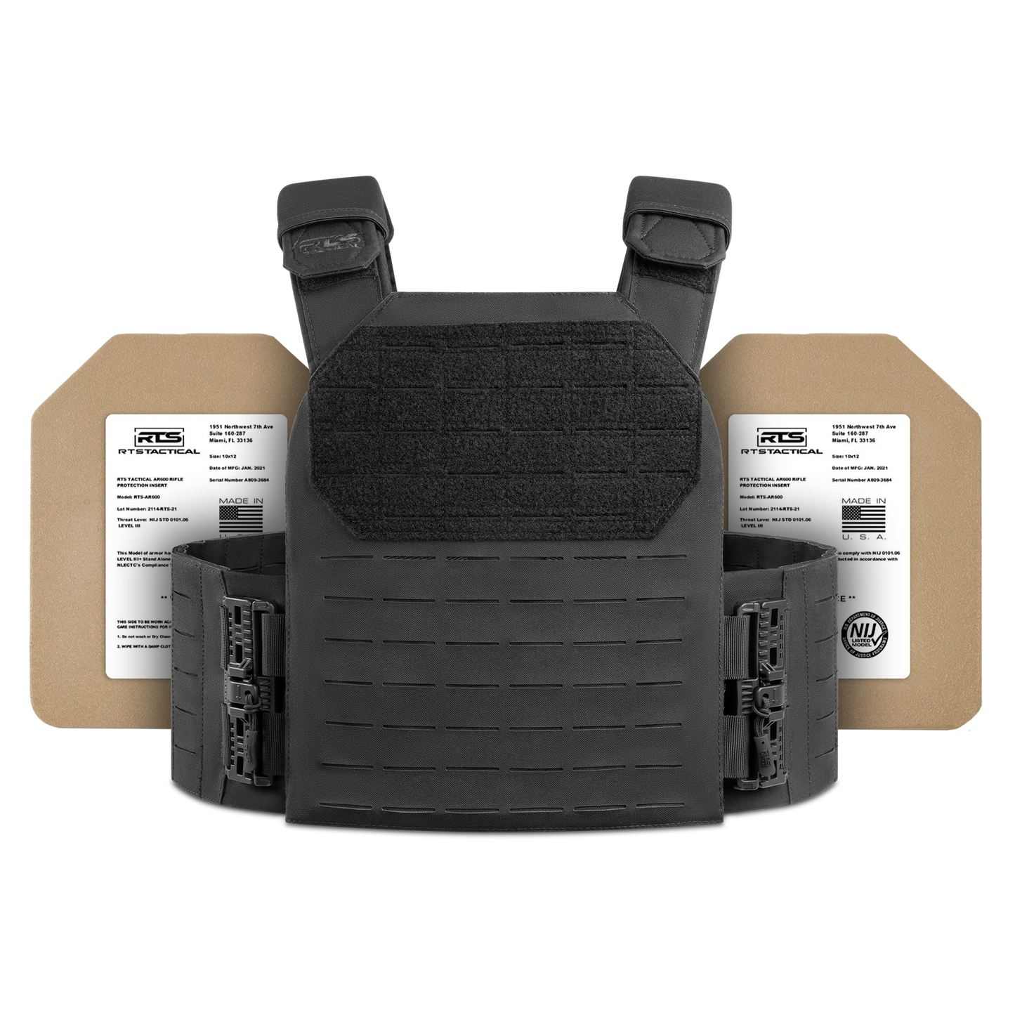 Black tactical vest with adjustable straps, accompanied by two rigid ballistic plates featuring labels.