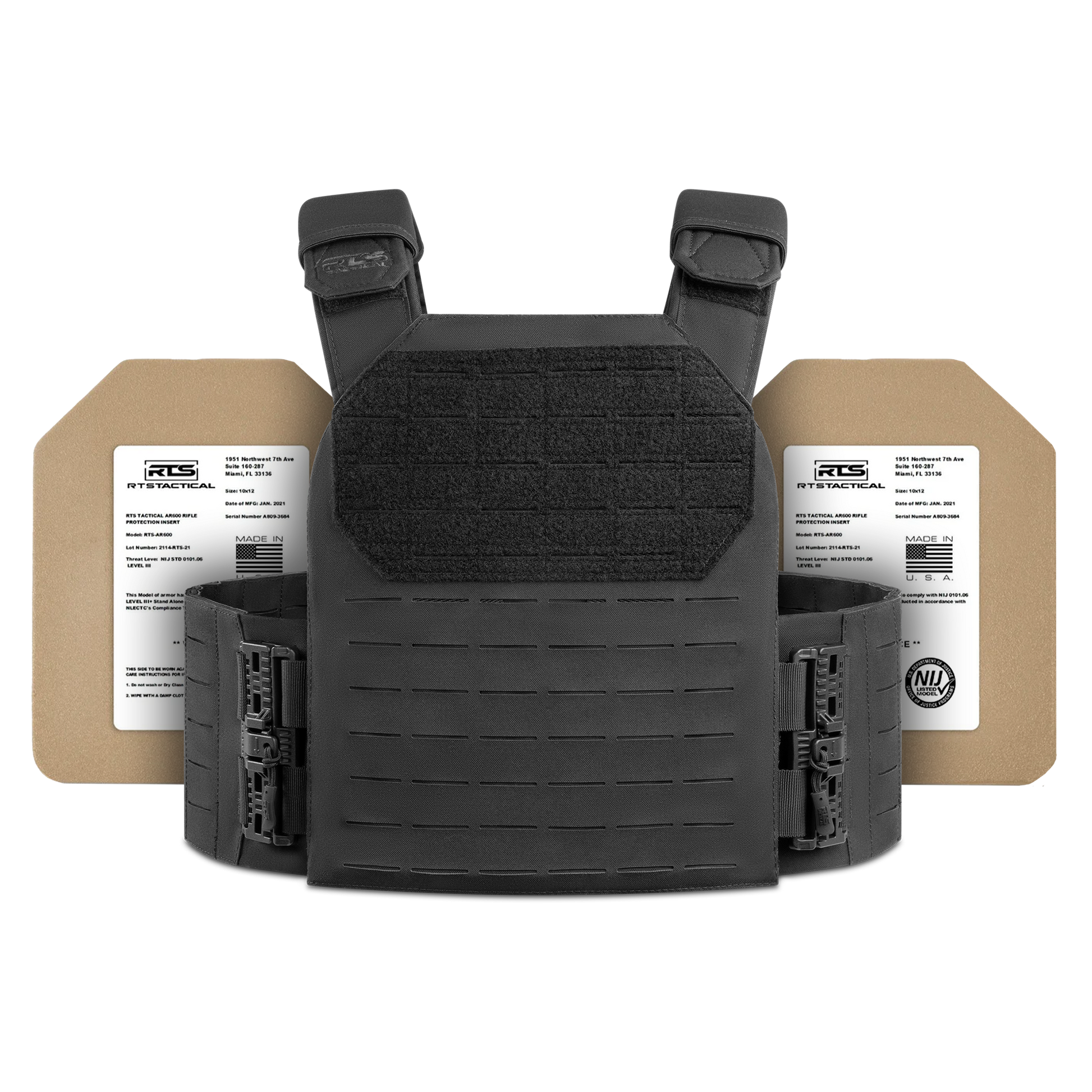 Black tactical vest with adjustable straps, accompanied by two rigid ballistic plates featuring labels.