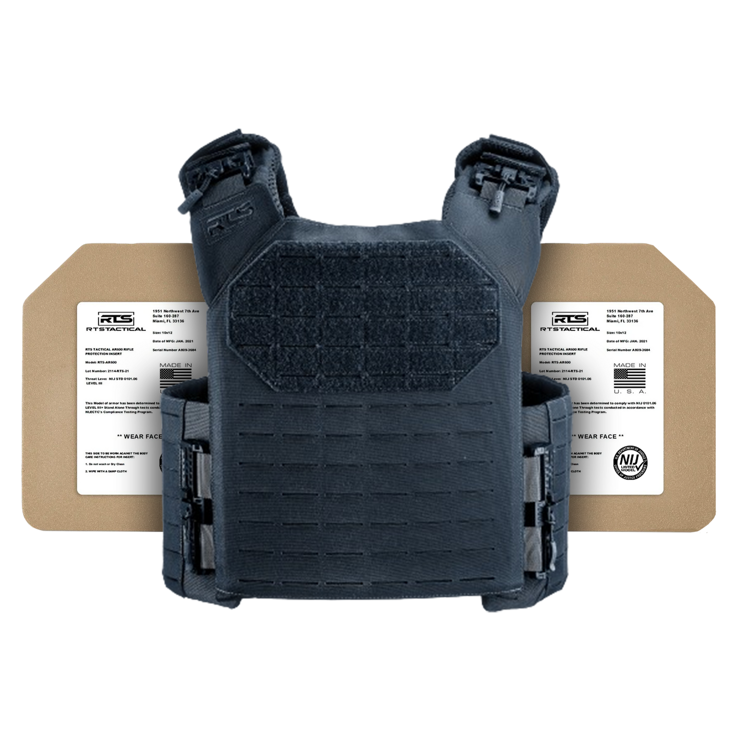 Black tactical vest with two ceramic plates.