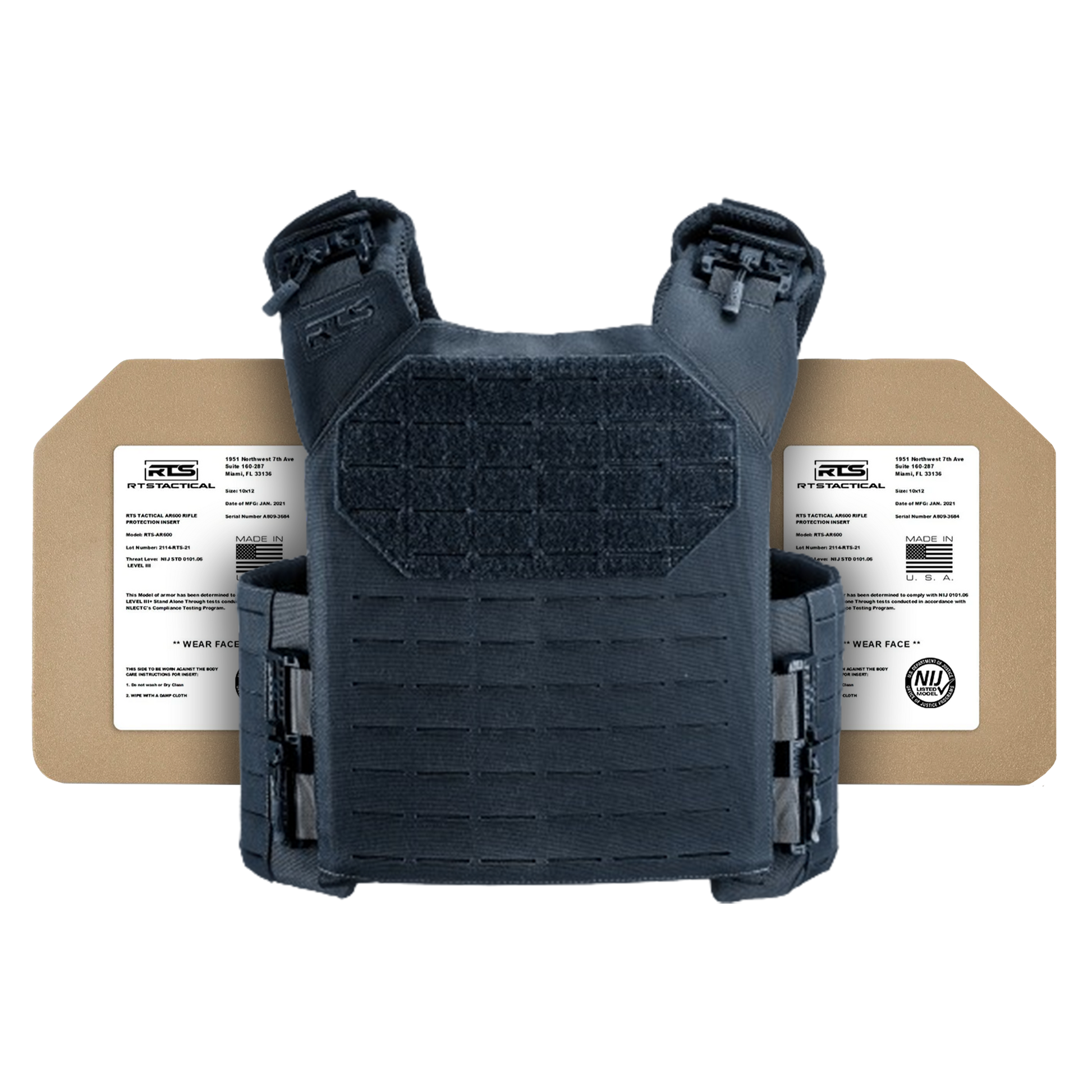 Black tactical vest with two ceramic plates.