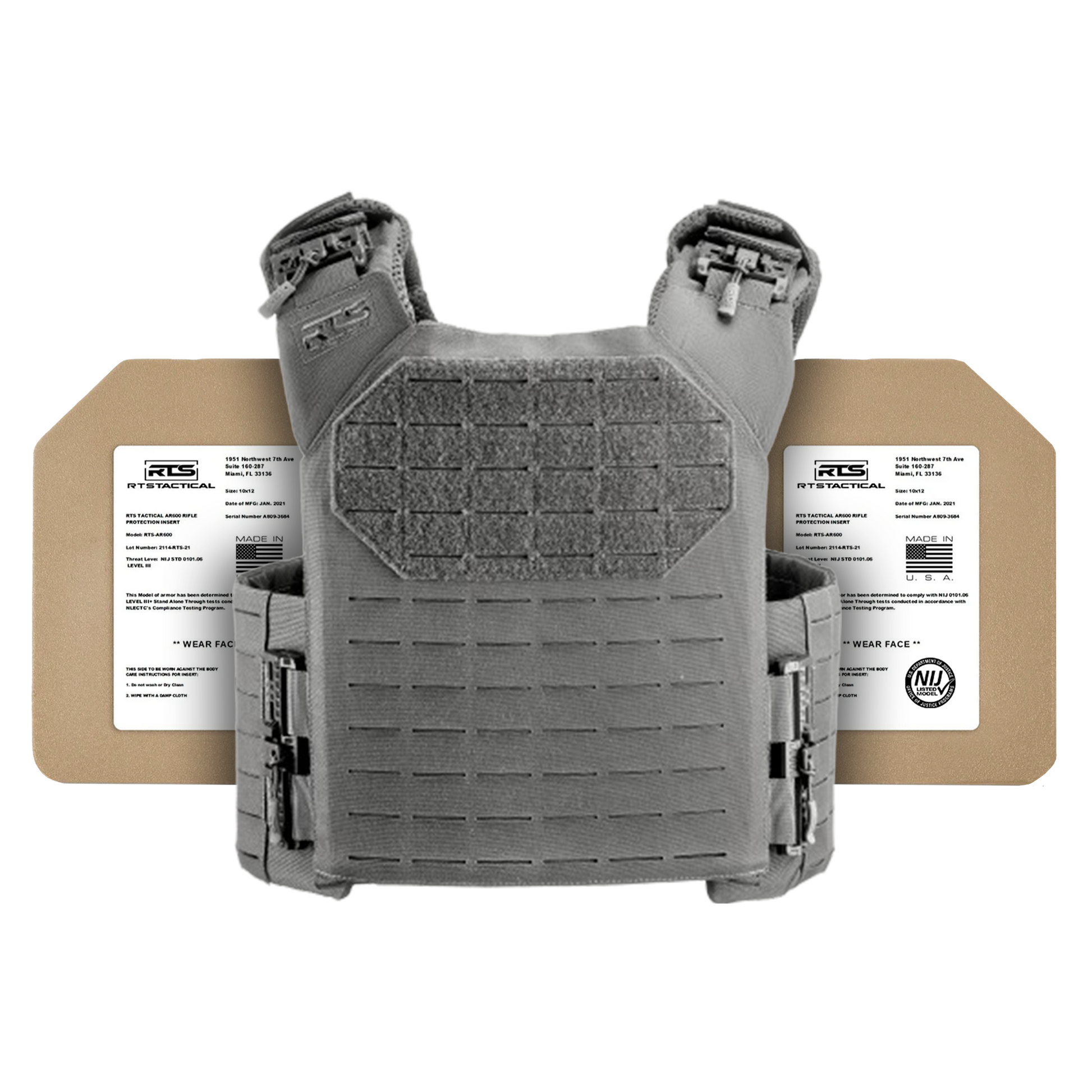 Gray tactical vest with modular webbing is displayed against two brown ballistic plates, each labeled with technical information.