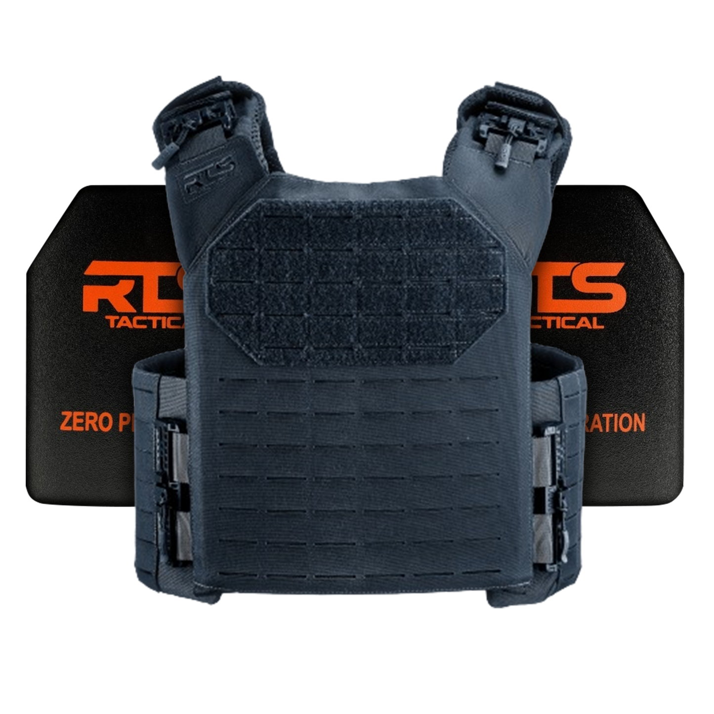 Tactical vest with black plates featuring the words "RTS Tactical" in orange text visible in the background. The vest is detailed with straps.