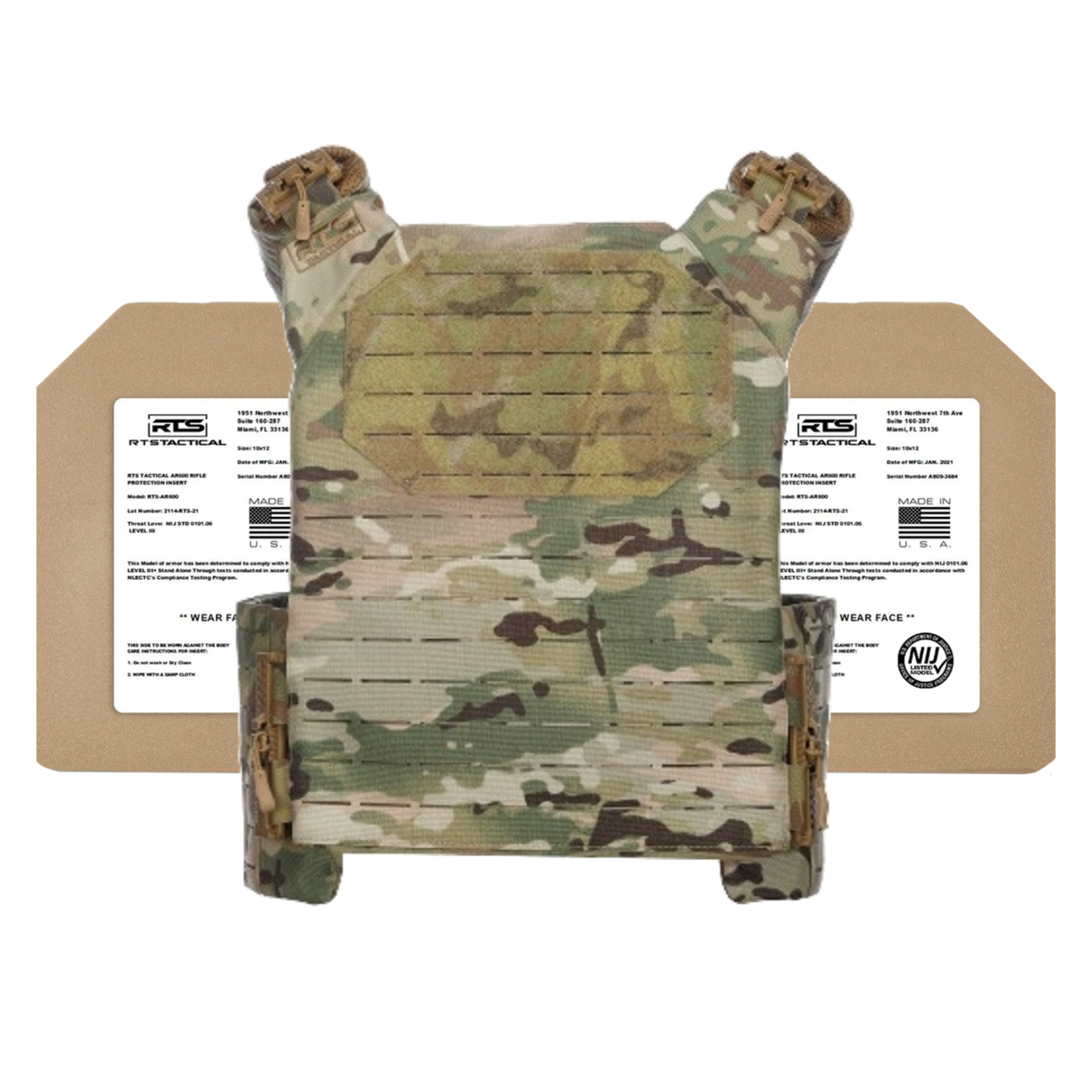 Camouflage tactical vest with two protective armor plates in the background, labeled and angled.