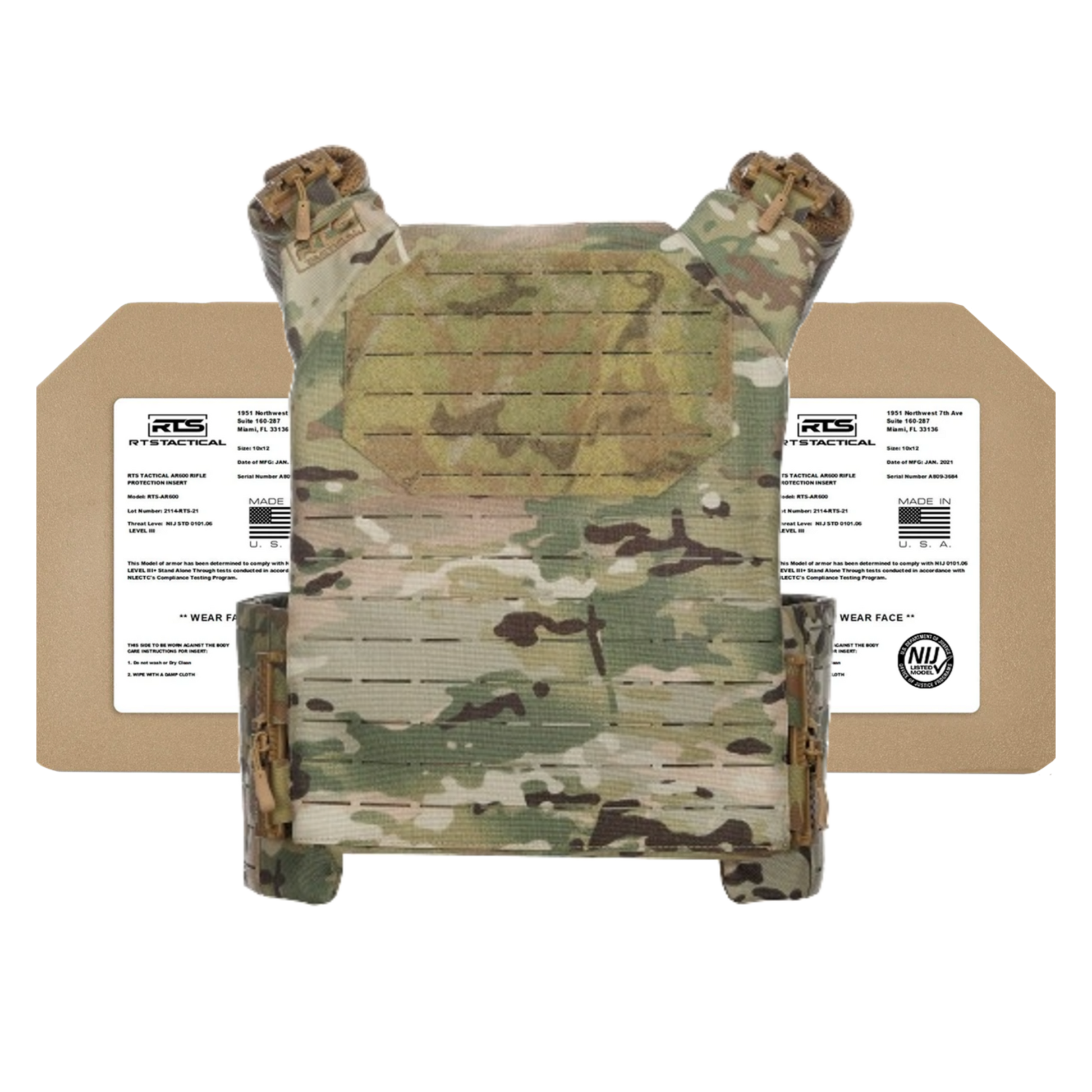 Camouflage tactical vest with two protective armor plates in the background, labeled and angled.