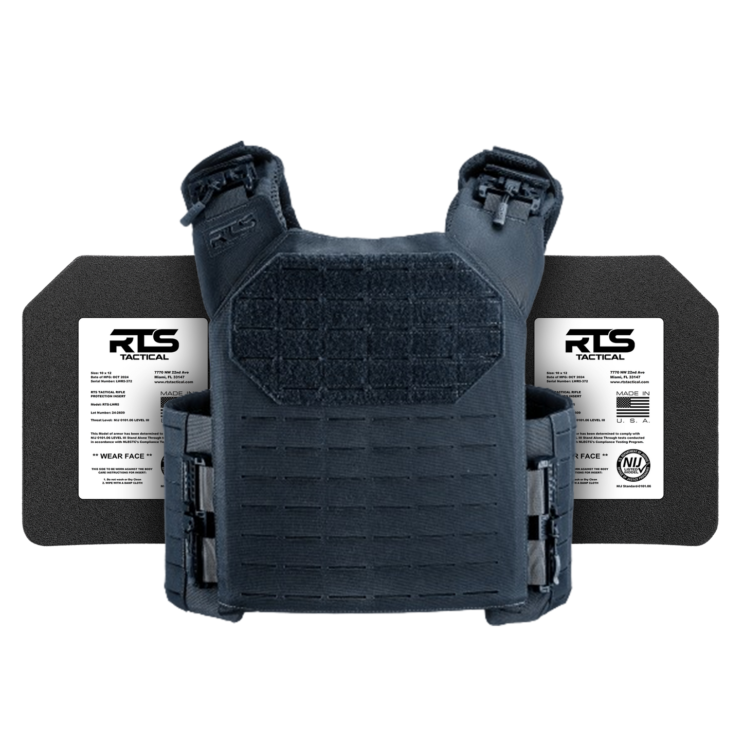 Dark blue tactical vest with two black ballistic plates labeled "RTS Tactical." The vest has rugged textures and adjustable straps, conveying reliability and protection.