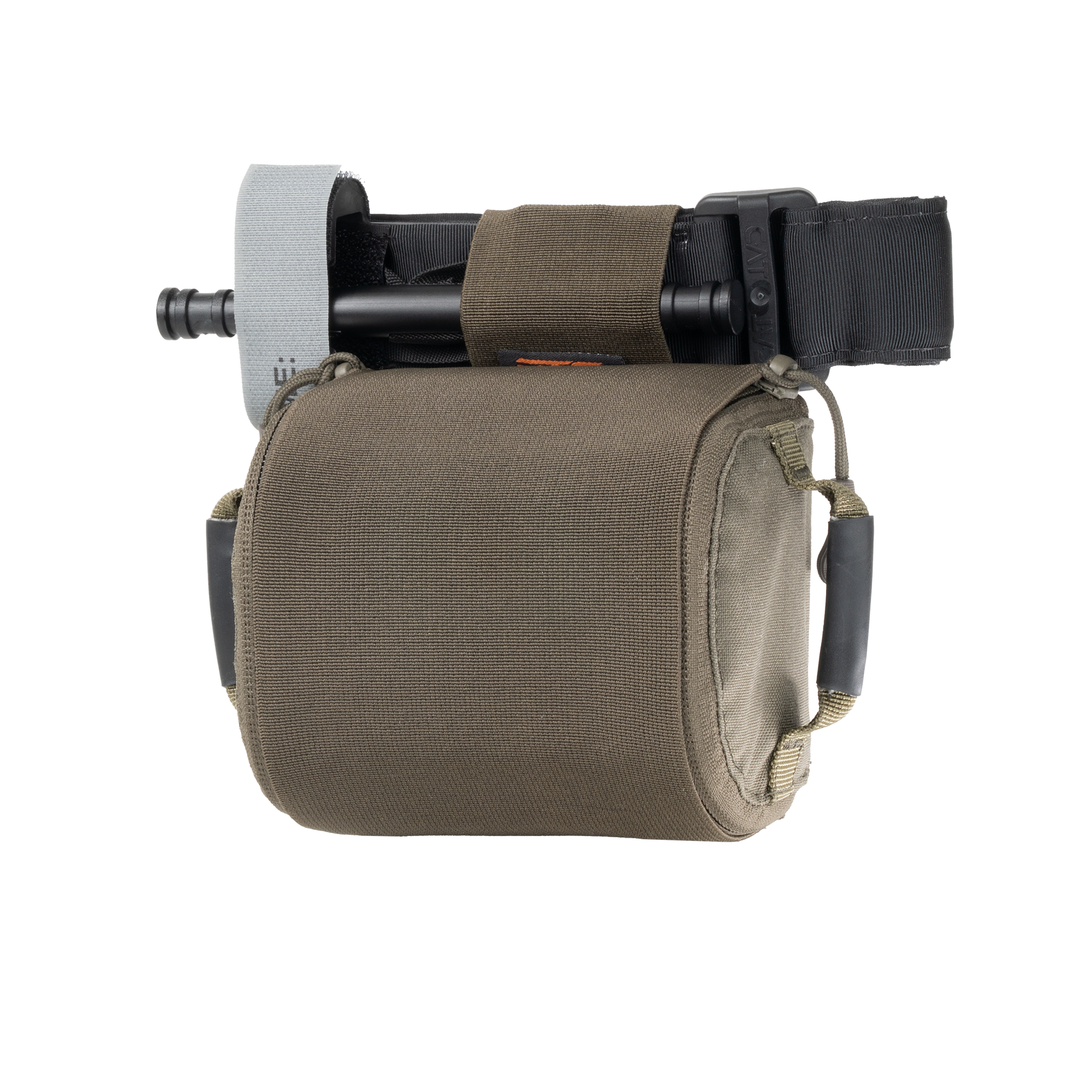 Portable IFAK pouch filled with medical equipment, including a tourniquet attached to the top.