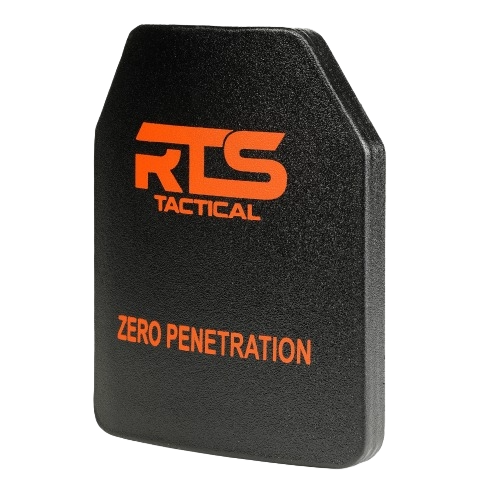 RTS Tactical armor plate with a sleek black design, featuring the text "ZERO PENETRATION" in orange for enhanced visibility.