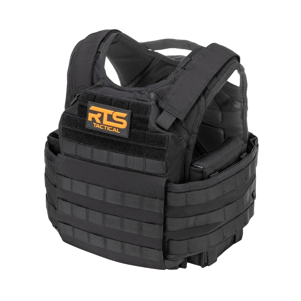 Black tactical vest with padded shoulder straps and MOLLE webbing for attachments. Orange logo reading "RTS Tactical" on front, against white background.