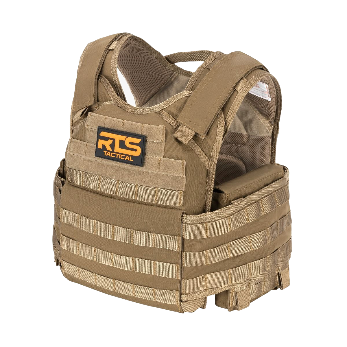 Tan plate carrier with straps for attaching tactical gear.