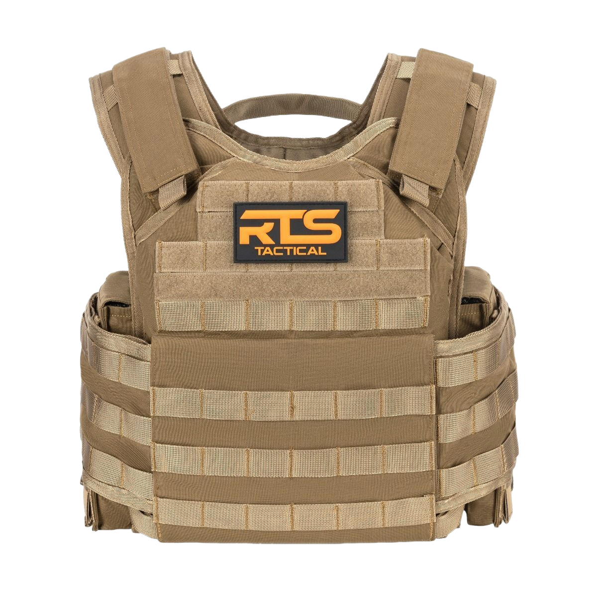 Tan tactical vest with horizontal straps and a black logo patch reading "RTS Tactical" in orange.