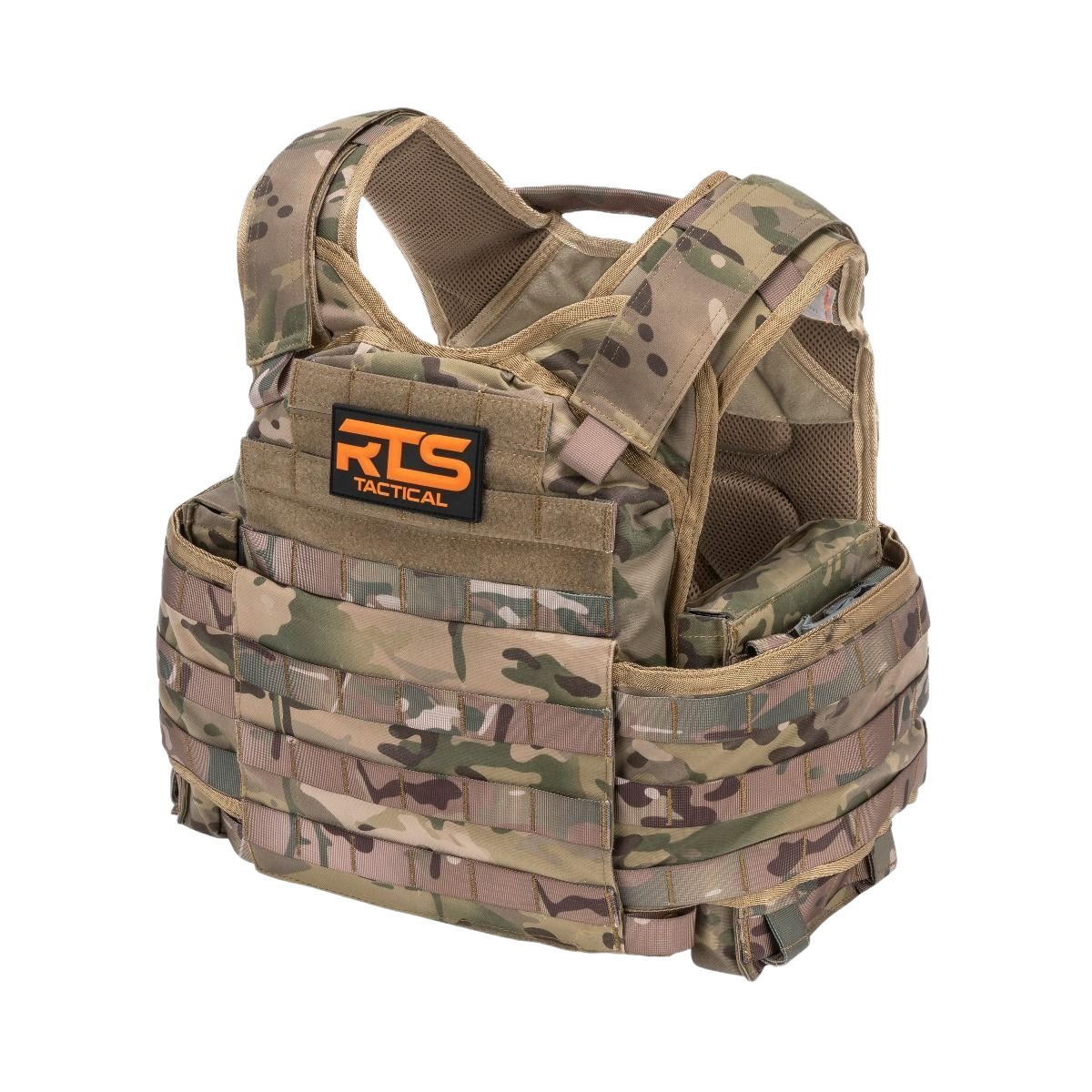 Camouflage tactical vest with durable fabric and molle webbing. The RTS Tactical logo is prominently displayed, conveying a sense of strength.