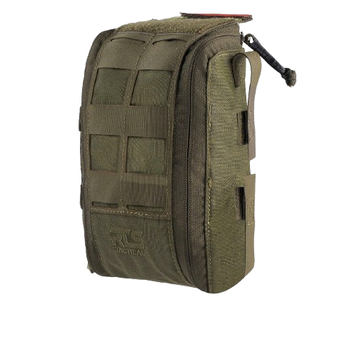 Green tactical pouch with a grid pattern and black zipper. It features webbing for attachments and has a rugged, military-inspired design.