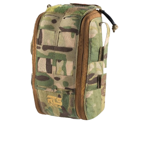 A compact camo tactical pouch with zippers and MOLLE webbing, featuring a small "RS Tactical" logo. The pouch appears rugged and durable.