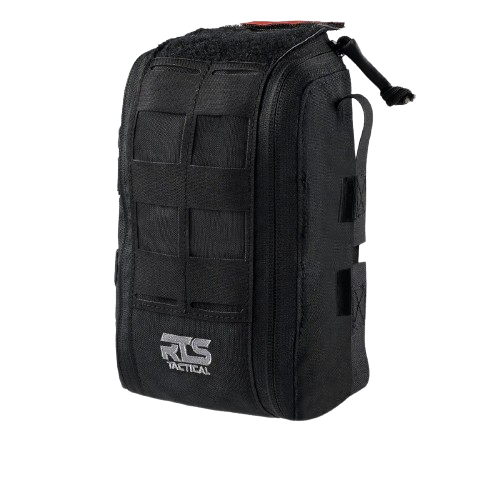 Black tactical pouch with secure zippers and multiple strap loops, displaying a rugged and military-ready design.