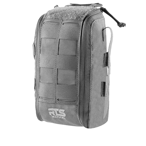 A gray tactical pouch with a zippered closure, featuring MOLLE webbing on the front. The RTS Tactical logo is at the bottom, conveying a rugged design.