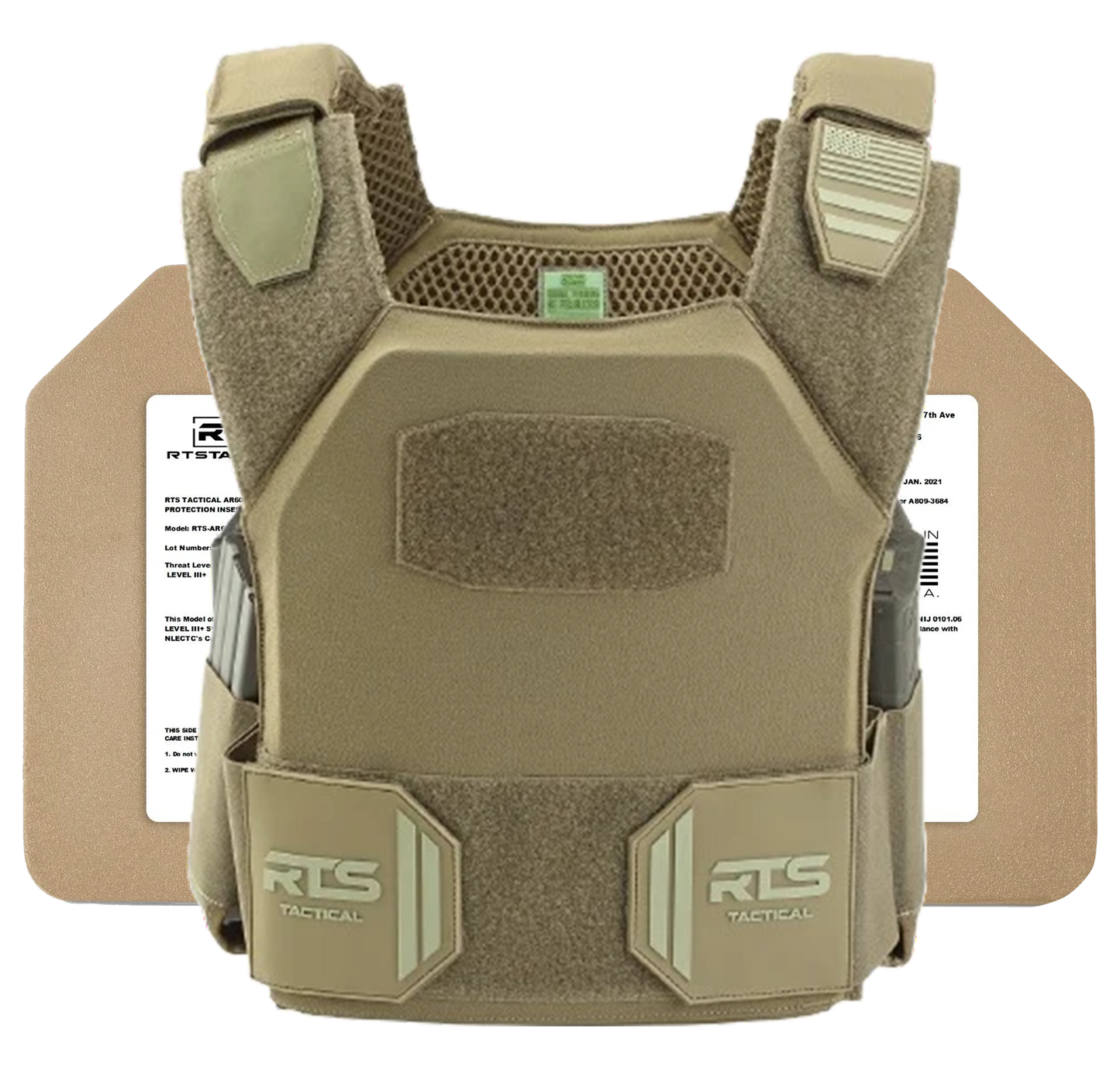 Tactical vest in tan, displaying RTS branding and Velcro straps. Includes protective plates, conveying durability and security. Suitable for defense use.