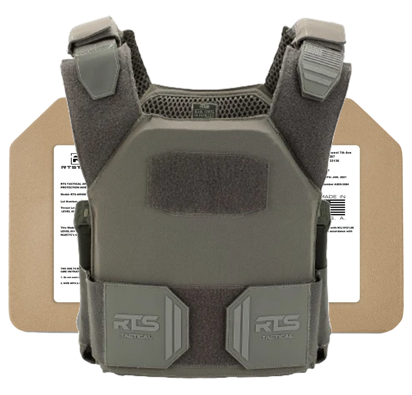 Tactical ballistic vest in gray, featuring velcro straps and sturdy padding. Behind it are two tan body armor plates.