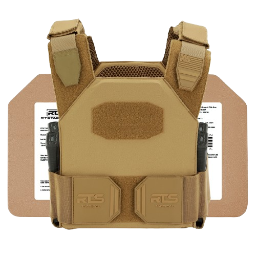 A tan tactical vest with adjustable straps, featuring two magazine pouches on the front and backed by a rectangular armor plate.