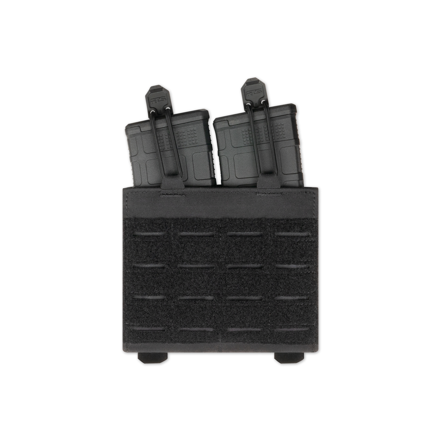 Black tactical magazine pouch with two magazines, secured by retention straps. The pouch has a grid pattern and conveys a utilitarian tone.