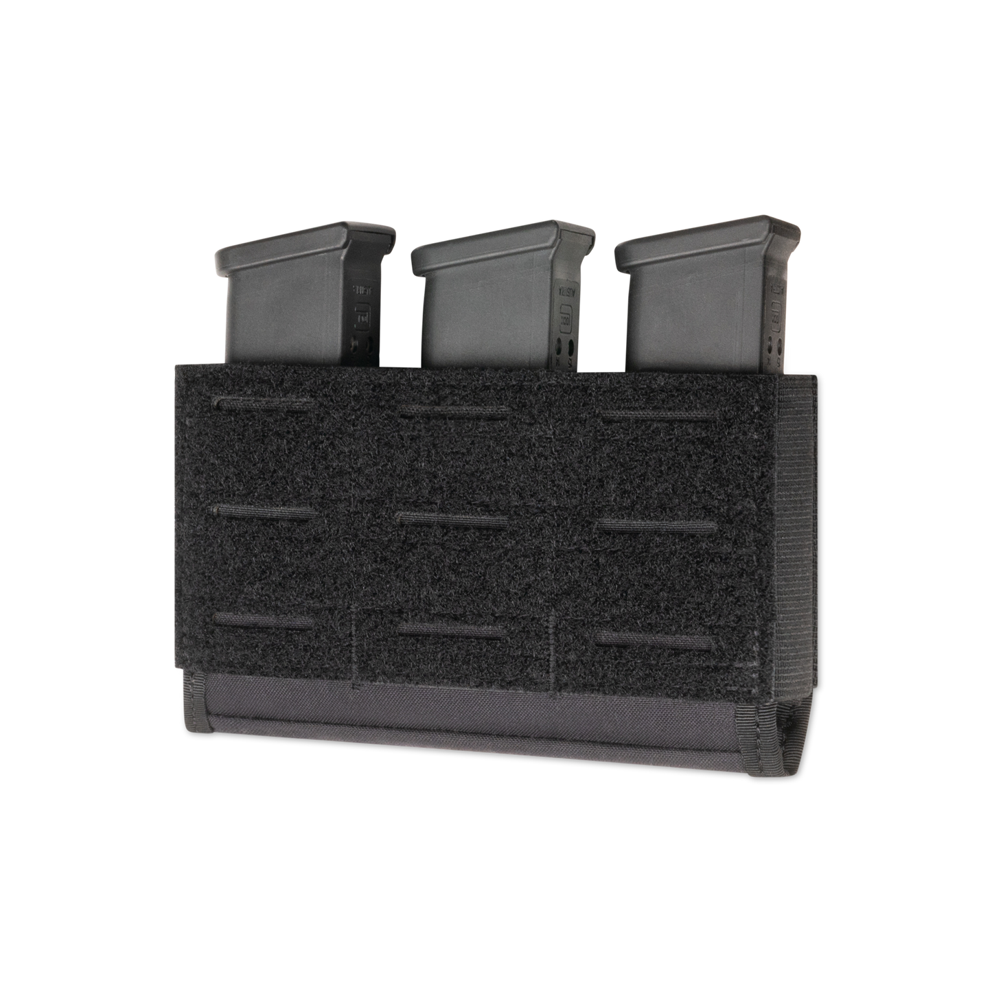 A black tactical pouch holds three vertical magazine slots. The pouch has a textured surface with neat stitching.