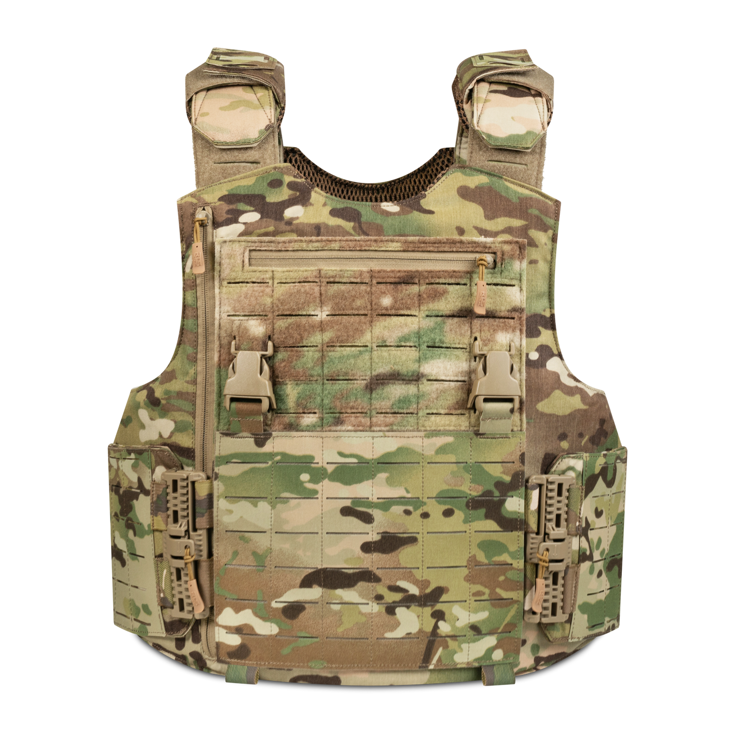 Camouflage tactical vest on a black background, featuring multiple pockets and straps for utility. The vest has a rugged, military appearance.