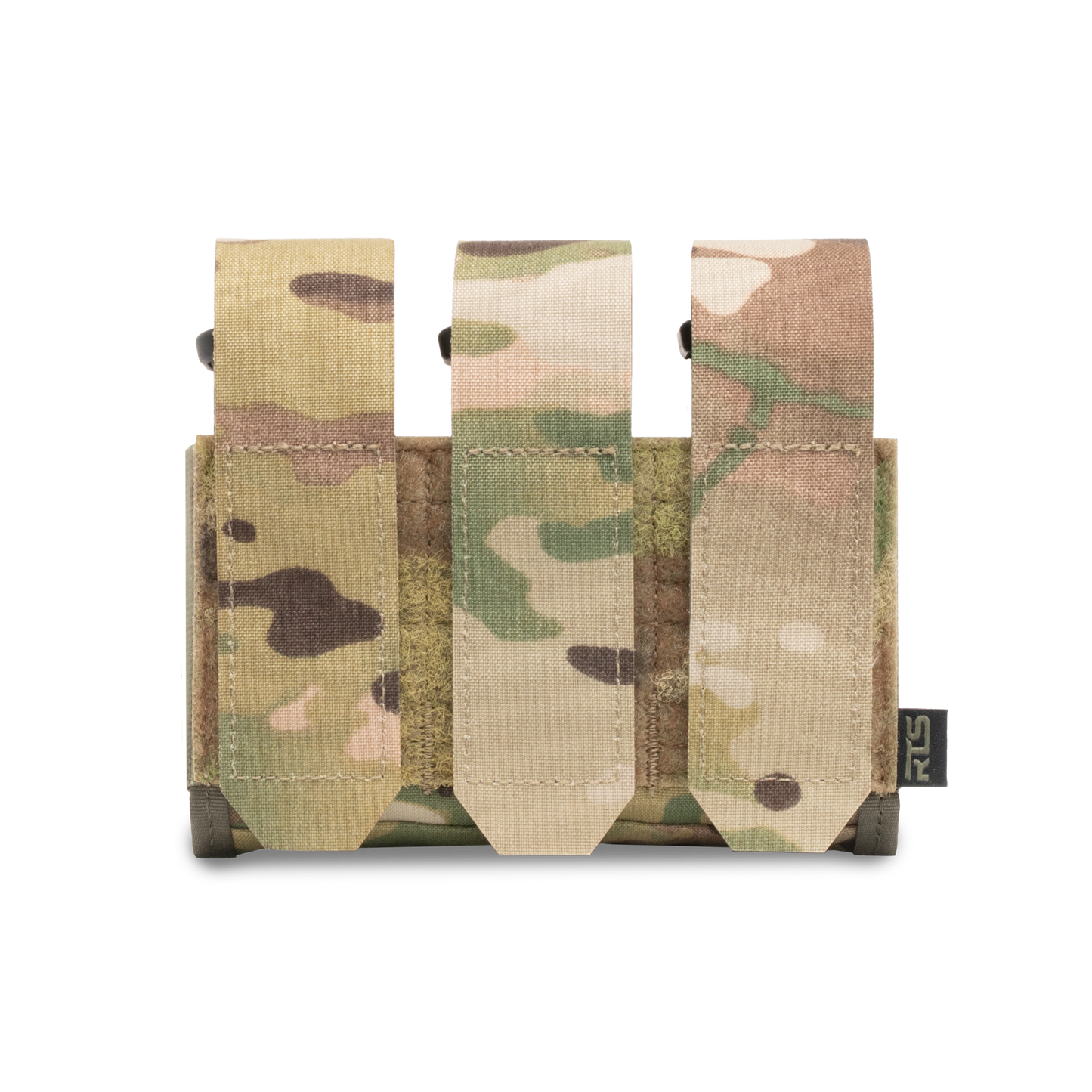 Camouflage tactical magazine pouch with three slots, featuring earthy tones and Velcro fasteners.