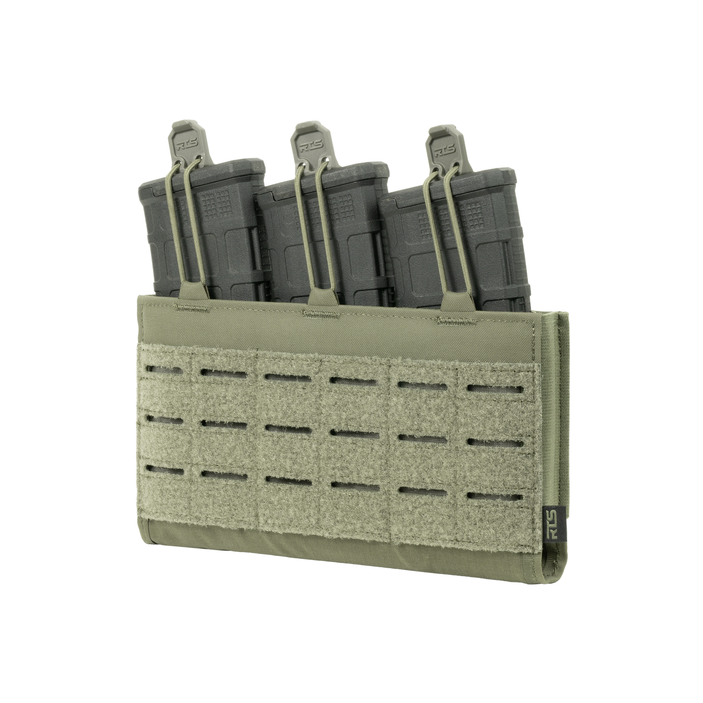 Tactical olive green magazine pouch holding three black magazines with pull tabs, set against a black background. Durable, militaristic, and organized.