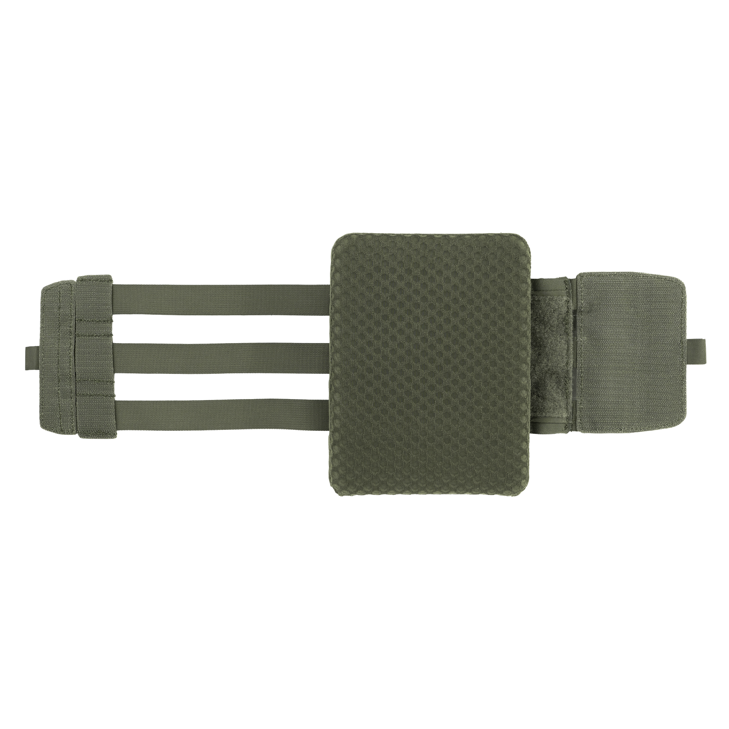 Olive green side armor panel with elastic straps extending from the pad.