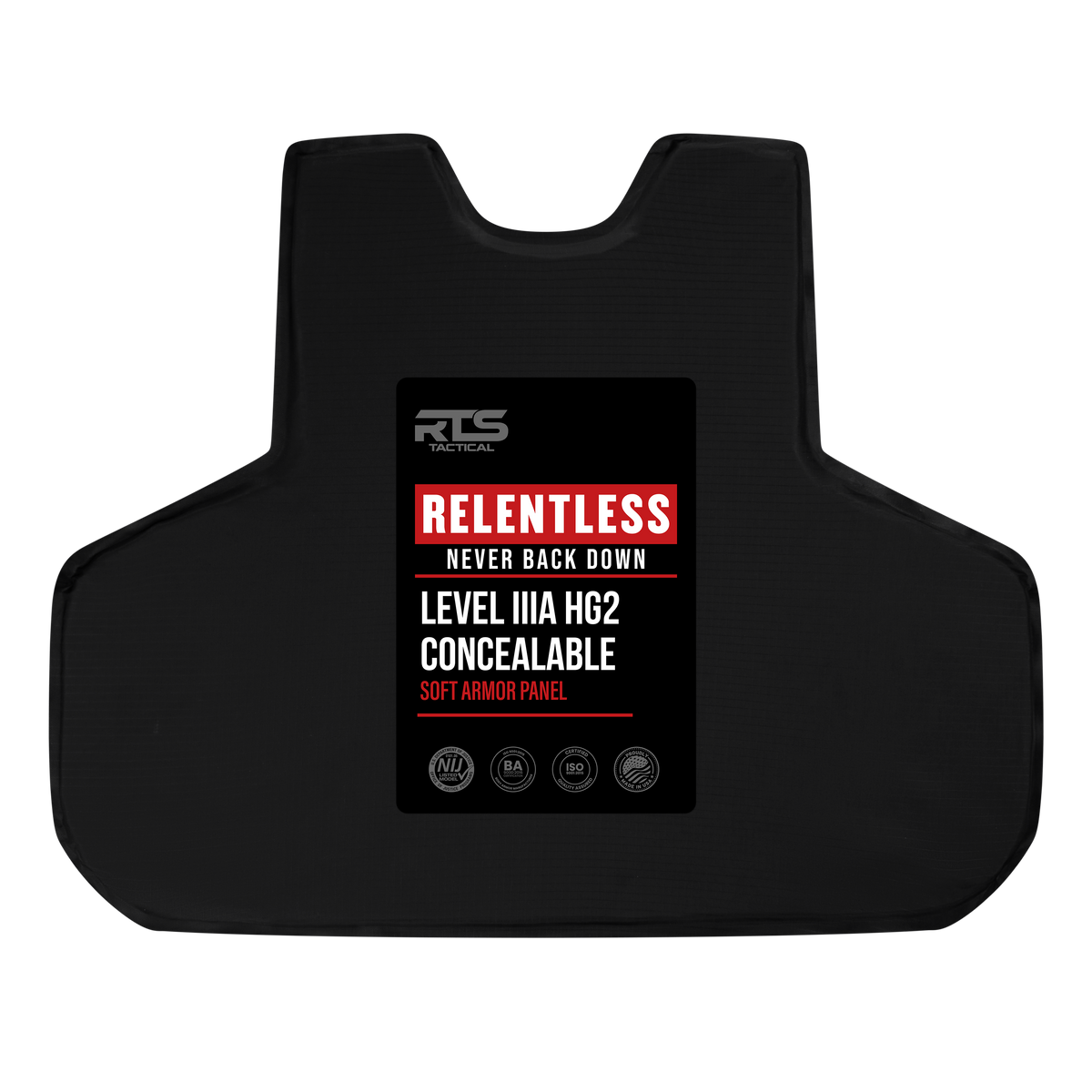 Black tactical vest with labeled panel. Text reads: "RELIENTLES, NEVER BACK DOWN, LEVEL IIIA HG2 CONCEALABLE, SOFT ARMOR PANEL" alongside several symbols.