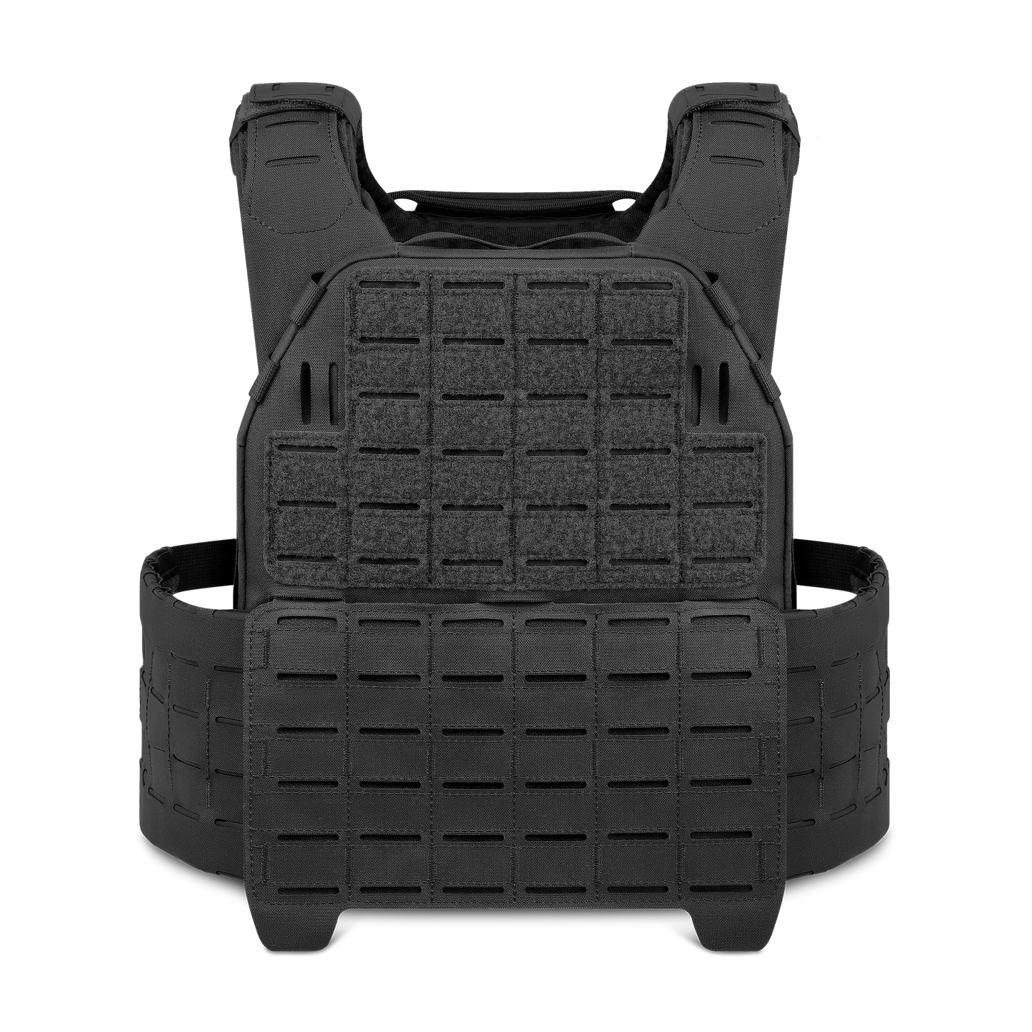 Black tactical vest with modular webbing and padded shoulder straps, displayed flat against a plain background.