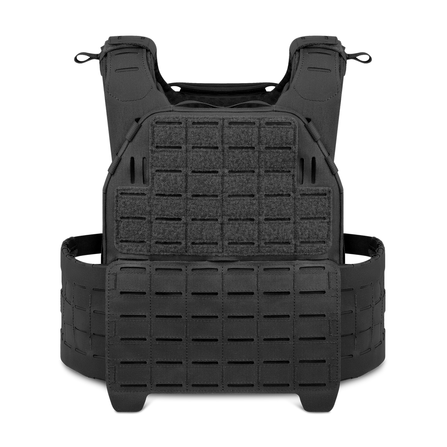 RTS Tactical SOPC (Sustained Operations Plate Carrier) in black, featuring laser-cut MOLLE webbing, adjustable shoulder straps, and a heavy-duty quick-release buckle system.