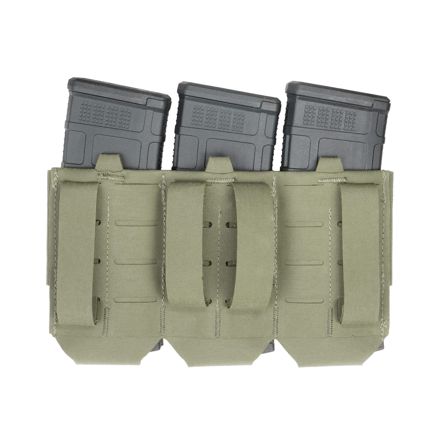 A tactical olive green fabric pouch holding three black rifle magazines side by side in separate compartments.