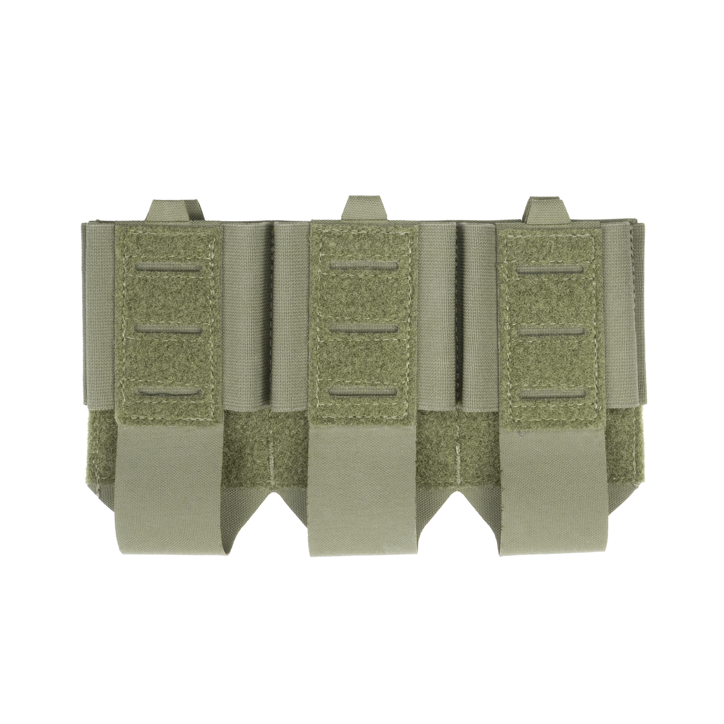 Green tactical gear panel with three vertical loops and Velcro straps to secure it.