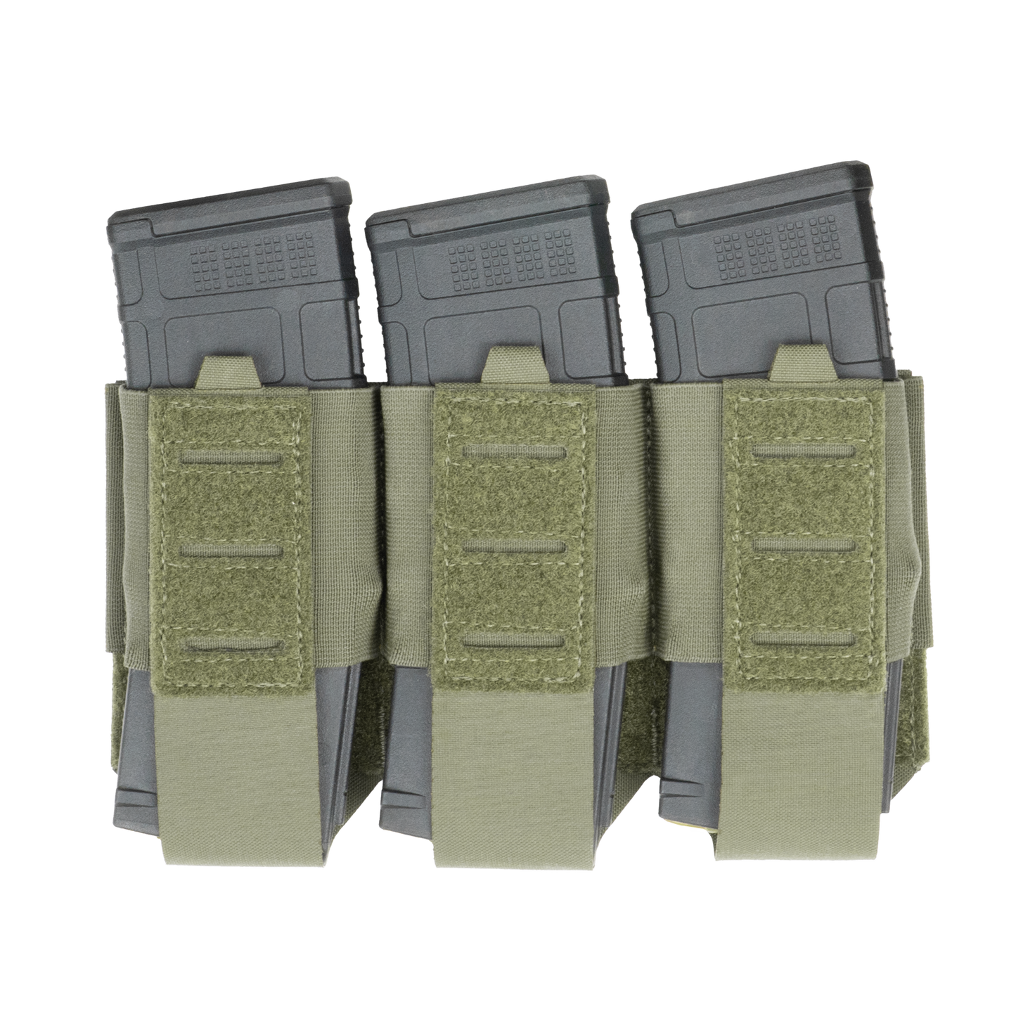 Three gray rifle magazines in a green tactical triple mag pouch with Velcro straps, set against a plain white background.