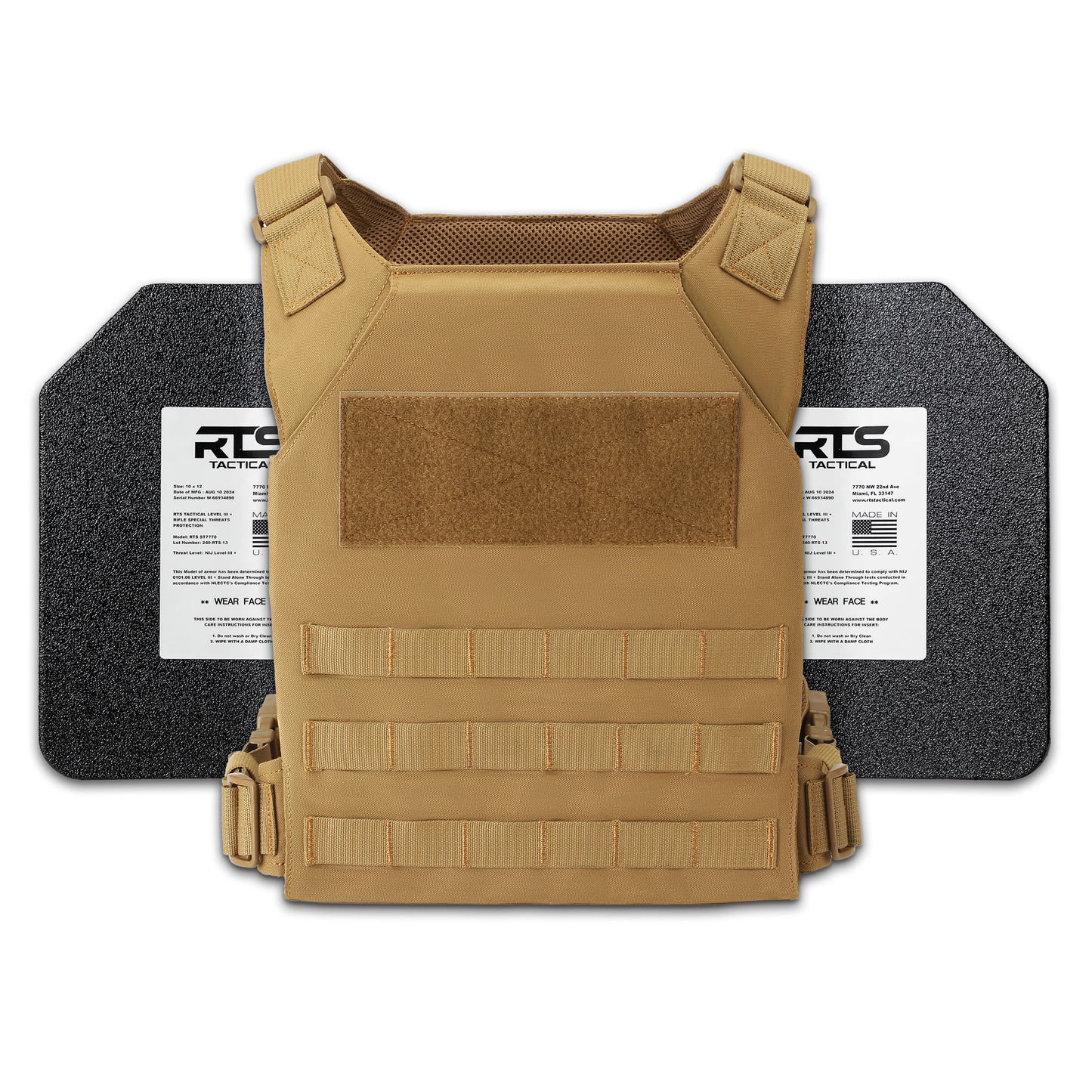 Tan tactical vest with adjustable straps and MOLLE webbing, in front or two black ballistic plates with white labels showing their NIJ rating