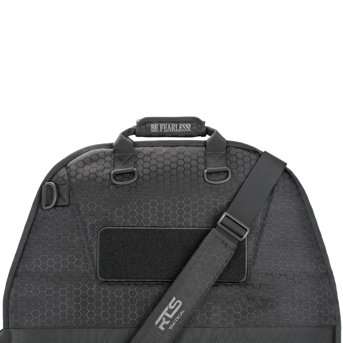A sleek, black, hexagon-patterned bag with a shoulder strap. The handle has "Be Fearless" stitched on it, conveying a bold, empowering tone.