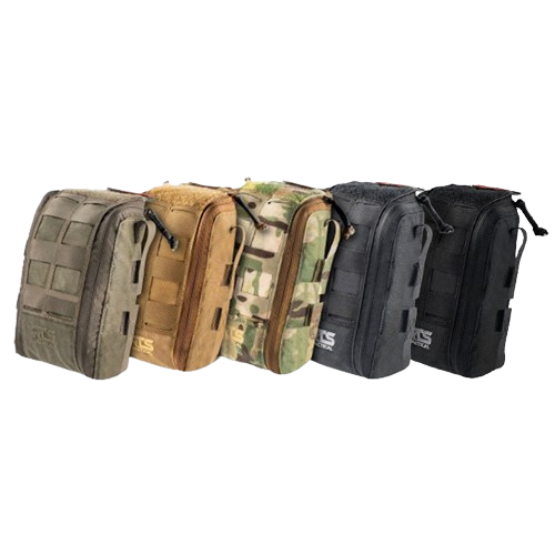 Five tactical IFAK pouches in gray, olive, brown, camouflage, and black are aligned side by side, each with scissors attached.