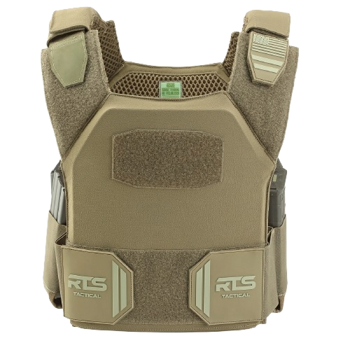 Brown tactical vest with padded straps and Velcro panels. Features "RTS Tactical" branding on pouches. Sturdy, protective design for military use.